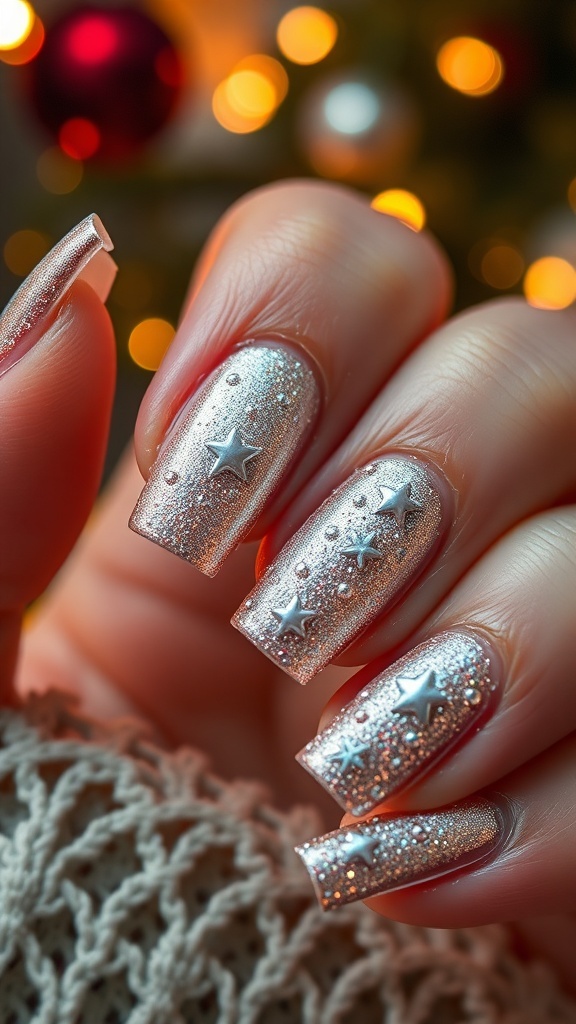 Short silver Christmas nails with glitter accents and festive designs.